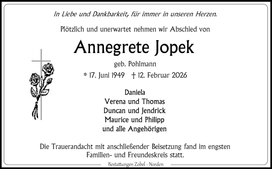 Traueranzeige von Annegrete Jopek von Ostfriesischer Kurier GmbH