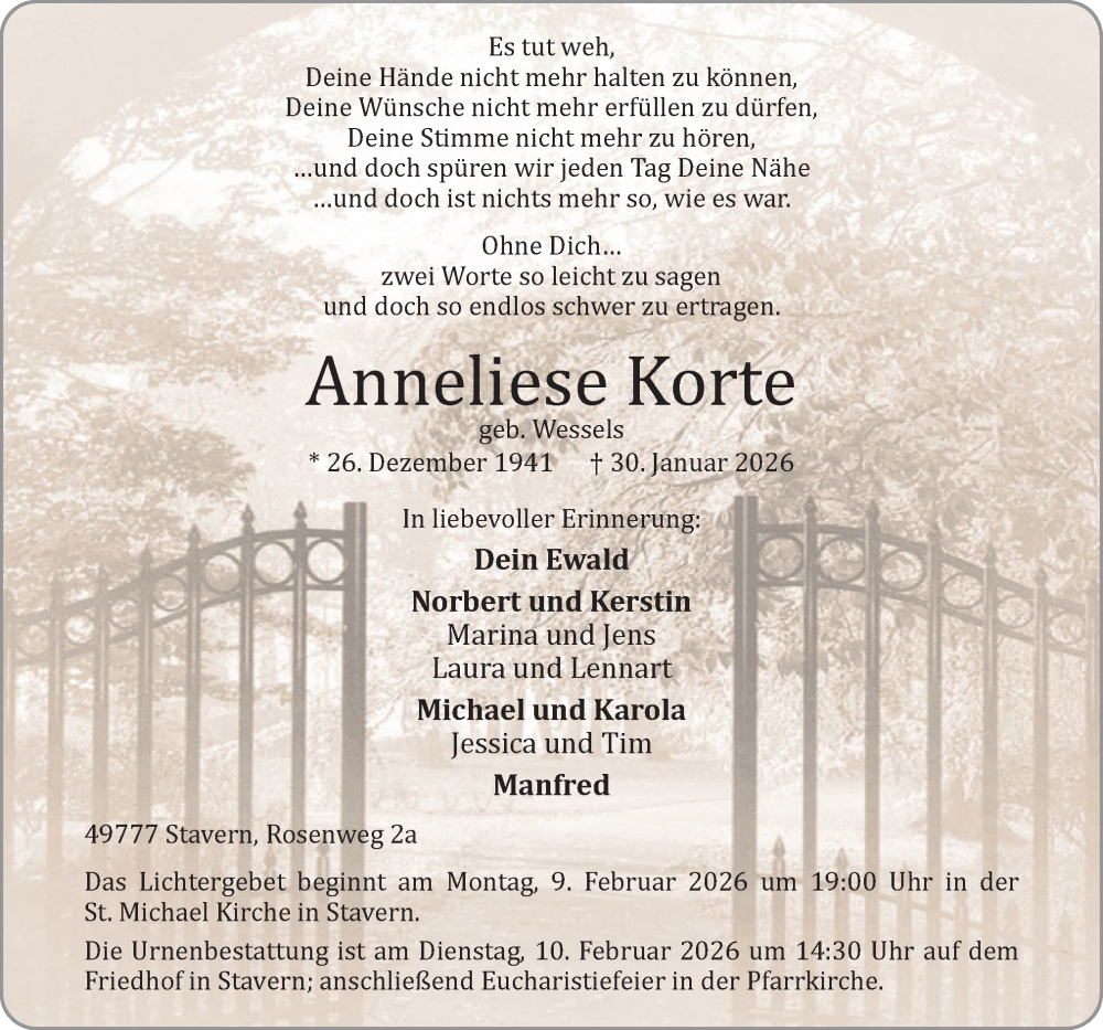  Traueranzeige für Anneliese Korte vom 04.02.2026 aus Neue Osnabrücker Zeitung GmbH & Co. KG