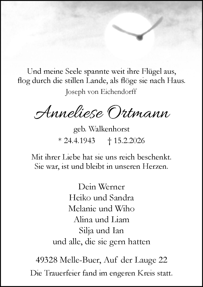  Traueranzeige für Anneliese Ortmann vom 21.02.2026 aus Neue Osnabrücker Zeitung GmbH & Co. KG