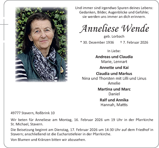 Traueranzeige von Anneliese Wende von Neue Osnabrücker Zeitung GmbH & Co. KG