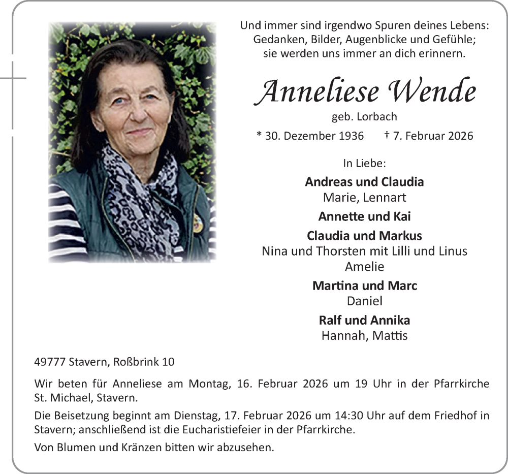  Traueranzeige für Anneliese Wende vom 11.02.2026 aus Neue Osnabrücker Zeitung GmbH & Co. KG