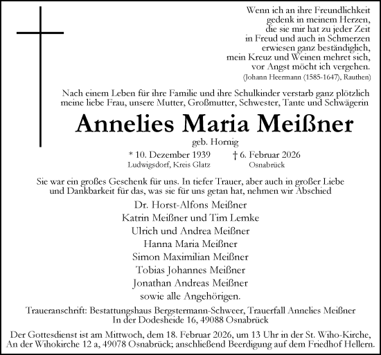 Traueranzeige von Annelies Maria Meißner von Neue Osnabrücker Zeitung GmbH & Co. KG