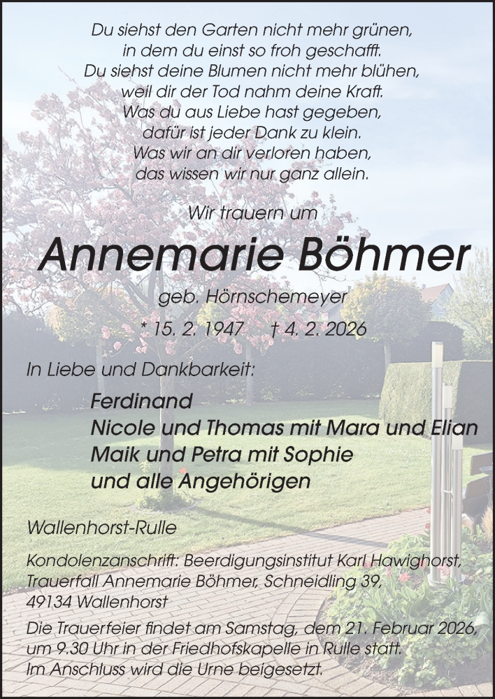  Traueranzeige für Annemarie Böhmer vom 07.02.2026 aus Neue Osnabrücker Zeitung GmbH & Co. KG