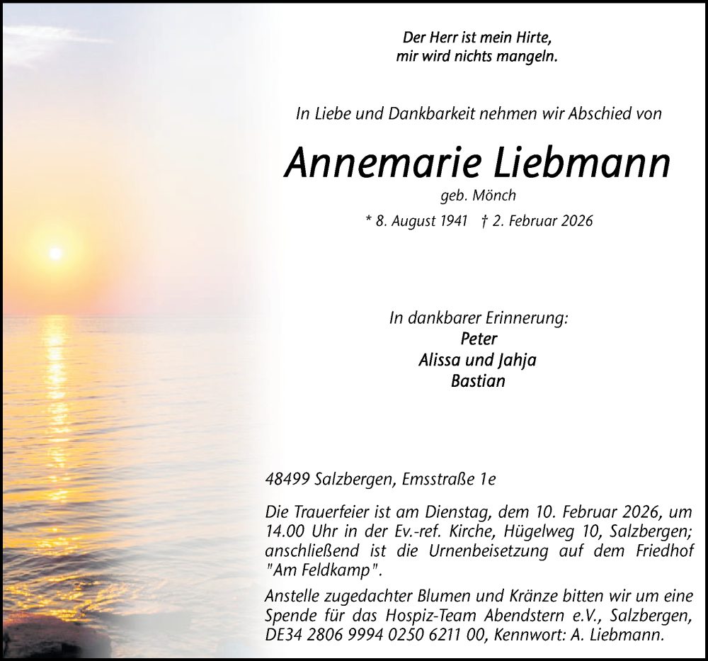  Traueranzeige für Annemarie Liebmann vom 06.02.2026 aus Neue Osnabrücker Zeitung GmbH & Co. KG