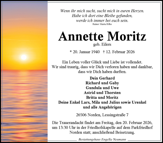 Traueranzeige von Annette Moritz von Ostfriesischer Kurier GmbH