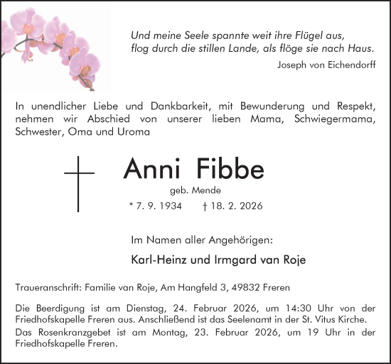 Traueranzeige von Anni Fibbe von Neue Osnabrücker Zeitung GmbH & Co. KG