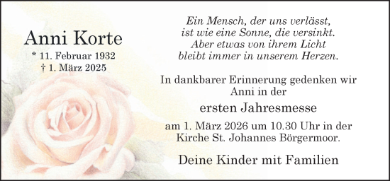 Traueranzeige von Anni Korte von Neue Osnabrücker Zeitung GmbH & Co. KG