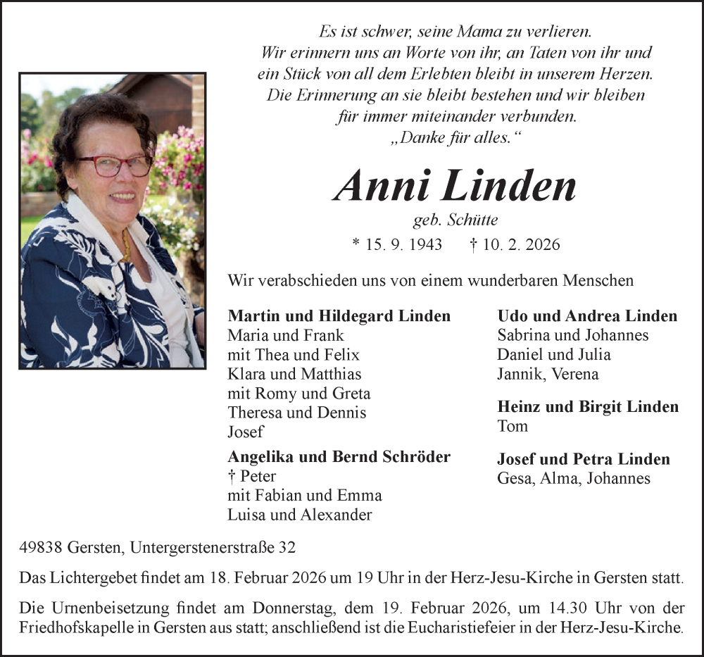  Traueranzeige für Anni Linden vom 14.02.2026 aus Neue Osnabrücker Zeitung GmbH & Co. KG