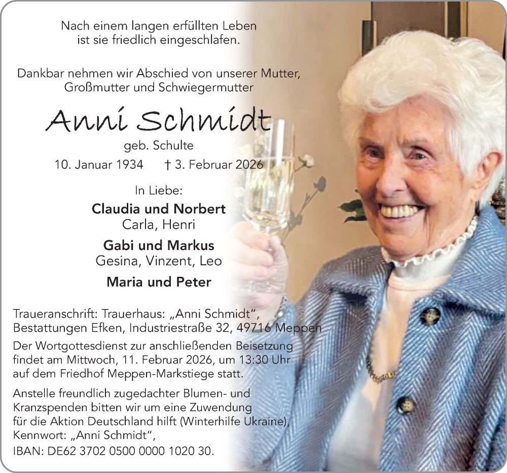  Traueranzeige für Anni Schmidt vom 07.02.2026 aus Neue Osnabrücker Zeitung GmbH & Co. KG