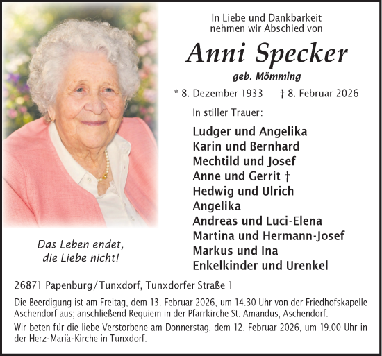 Traueranzeige von Anni Specker von Neue Osnabrücker Zeitung GmbH &amp; Co. KG