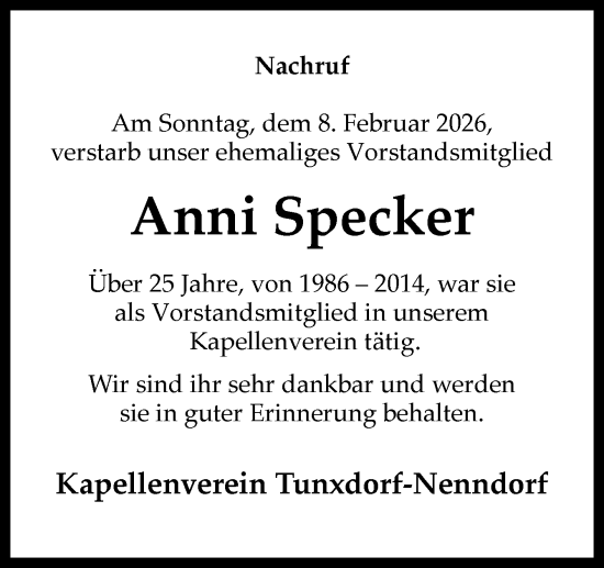 Traueranzeige von Anni Specker von Neue Osnabrücker Zeitung GmbH & Co. KG