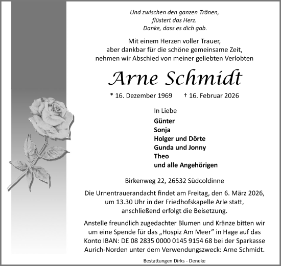 Traueranzeige von Arne Schmidt von Ostfriesischer Kurier GmbH