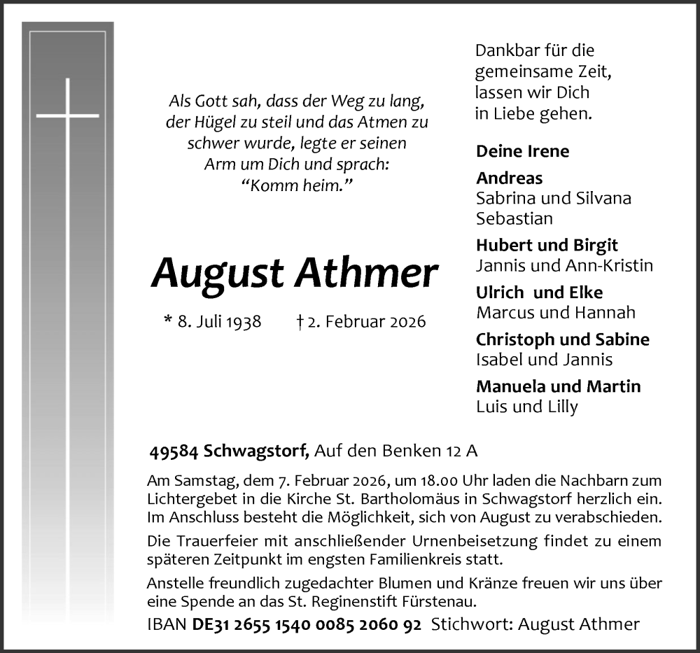  Traueranzeige für August Athmer vom 04.02.2026 aus Neue Osnabrücker Zeitung GmbH & Co. KG