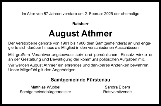 Traueranzeige von August Athmer von Neue Osnabrücker Zeitung GmbH & Co. KG