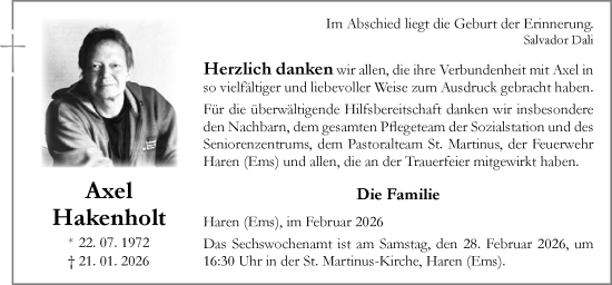 Traueranzeige von Axel Hakenholt von Neue Osnabrücker Zeitung GmbH & Co. KG