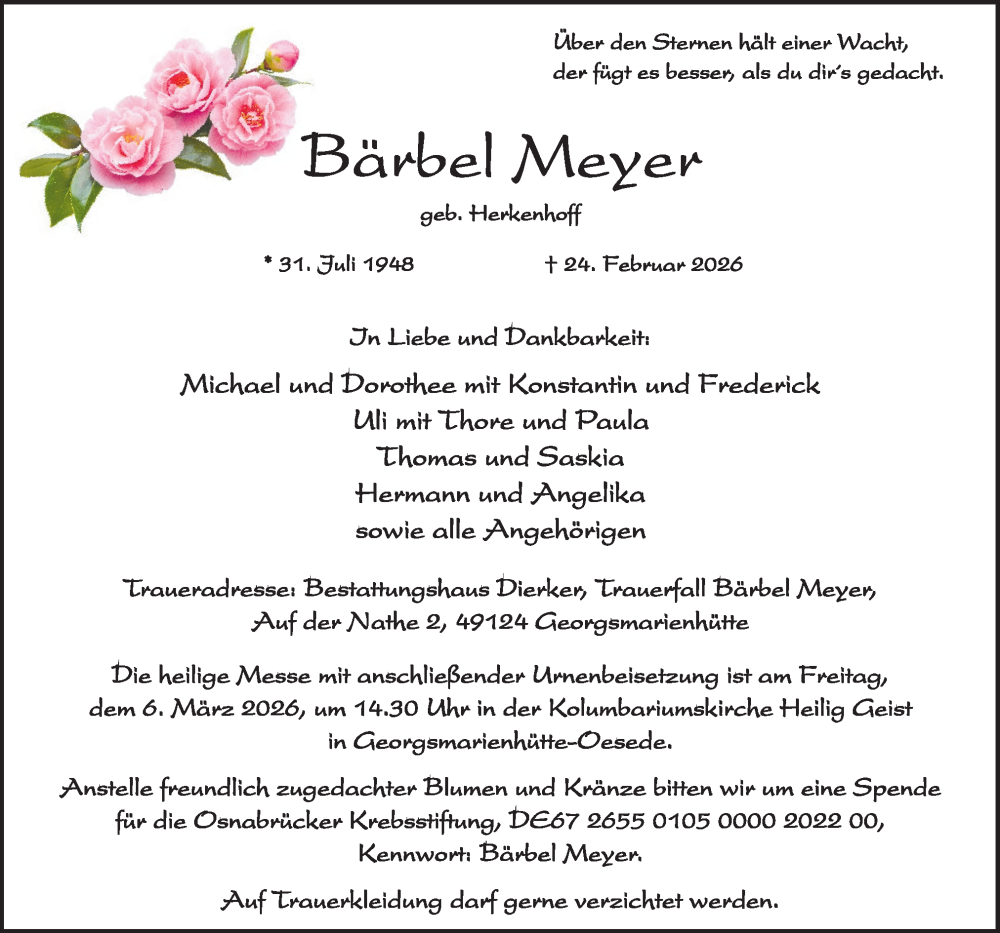  Traueranzeige für Bärbel Meyer vom 28.02.2026 aus Neue Osnabrücker Zeitung GmbH & Co. KG