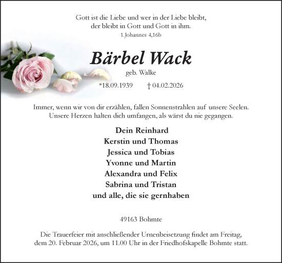 Traueranzeige von Bärbel Wack von Neue Osnabrücker Zeitung GmbH & Co. KG
