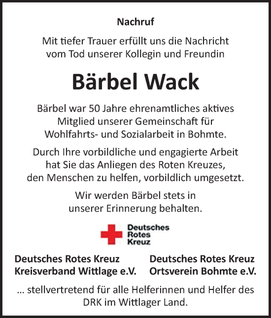 Traueranzeige von Bärbel Wack von Neue Osnabrücker Zeitung GmbH & Co. KG