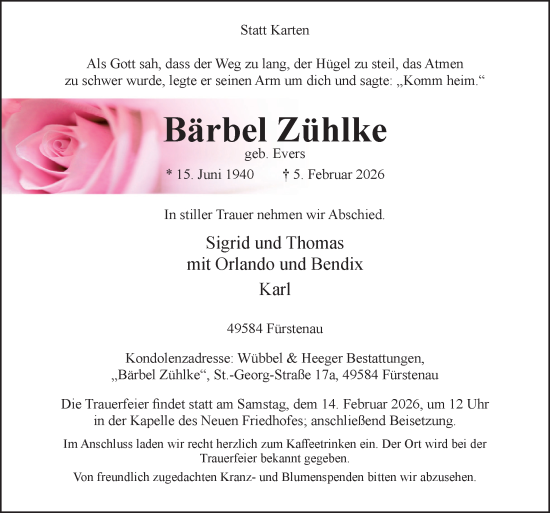 Traueranzeige von Bärbel Zühlke von Neue Osnabrücker Zeitung GmbH & Co. KG