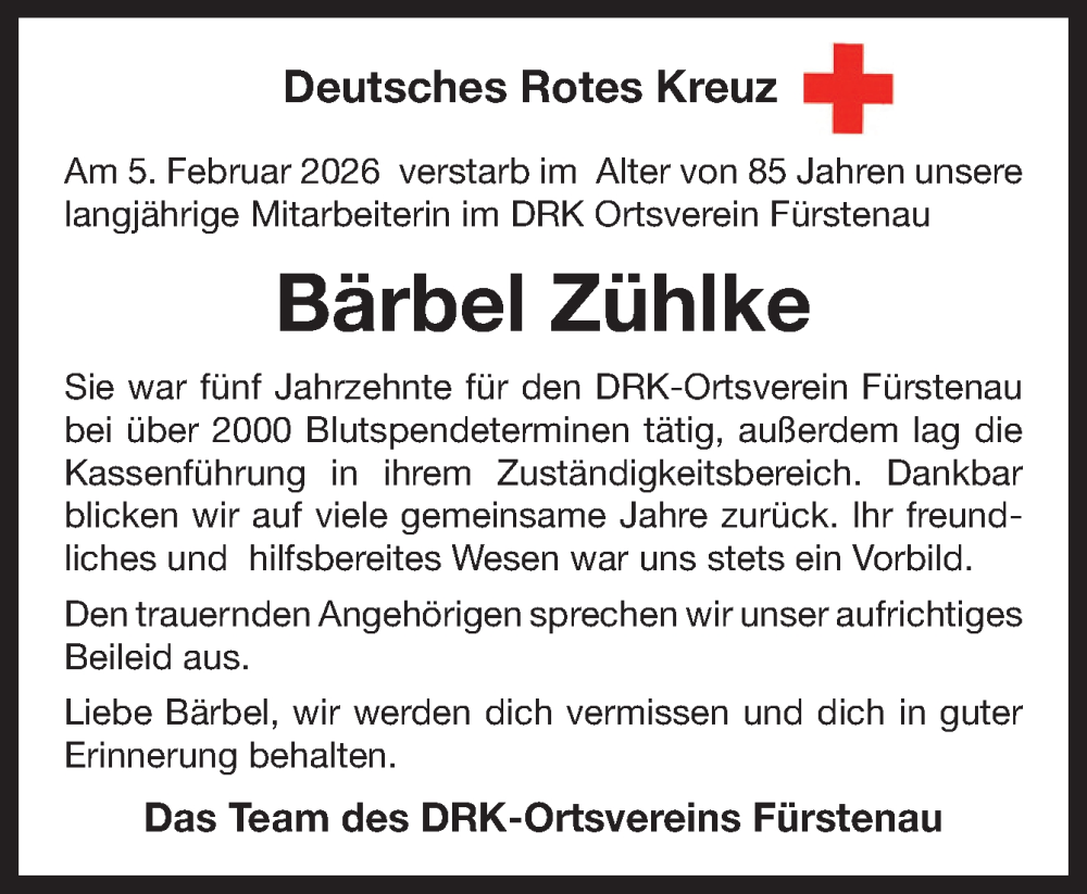  Traueranzeige für Bärbel Zühlke vom 11.02.2026 aus Neue Osnabrücker Zeitung GmbH & Co. KG