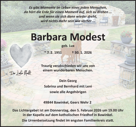 Traueranzeige von Barbara Modest von Neue Osnabrücker Zeitung GmbH & Co. KG
