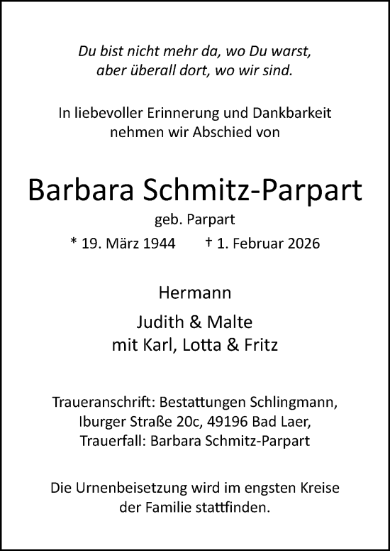 Traueranzeige von Barbara Schmitz-Parpart von Neue Osnabrücker Zeitung GmbH & Co. KG
