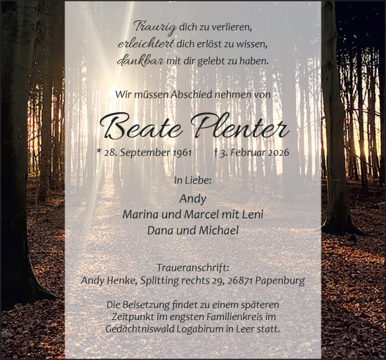 Traueranzeige von Beate Plenter von Neue Osnabrücker Zeitung GmbH & Co. KG