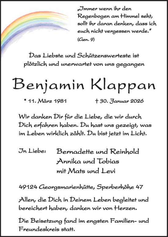 Traueranzeige von Benjamin Klappan von Neue Osnabrücker Zeitung GmbH & Co. KG