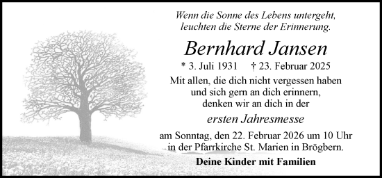 Traueranzeige von Bernhard Jansen von Neue Osnabrücker Zeitung GmbH & Co. KG