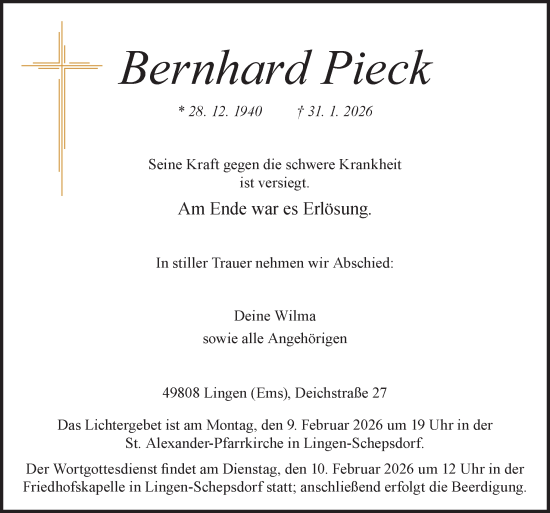 Traueranzeige von Bernhard Pieck von Neue Osnabrücker Zeitung GmbH & Co. KG