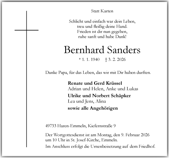 Traueranzeige von Bernhard Sanders von Neue Osnabrücker Zeitung GmbH & Co. KG