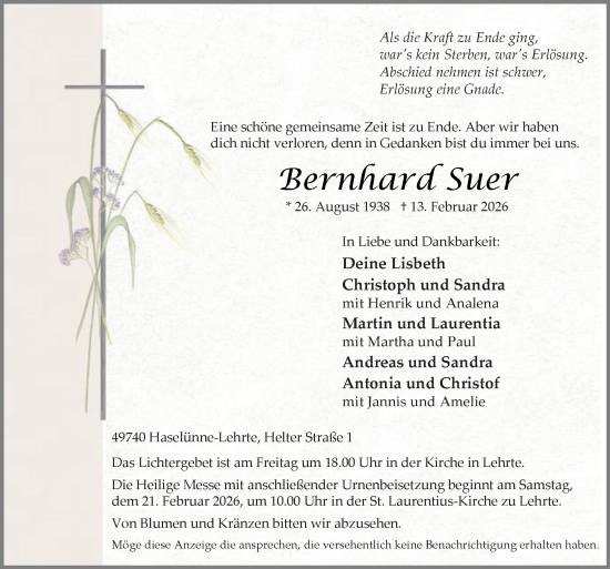 Traueranzeige von Bernhard Suer von Neue Osnabrücker Zeitung GmbH & Co. KG