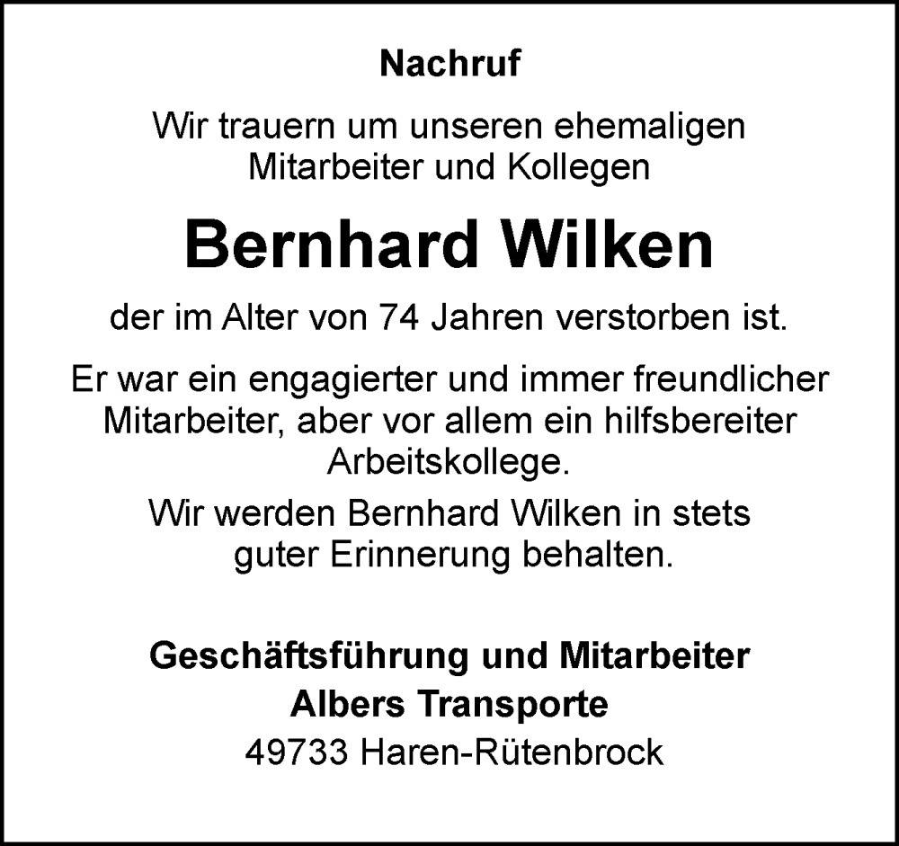 Traueranzeige für Bernhard Wilken vom 25.02.2026 aus Neue Osnabrücker Zeitung GmbH & Co. KG