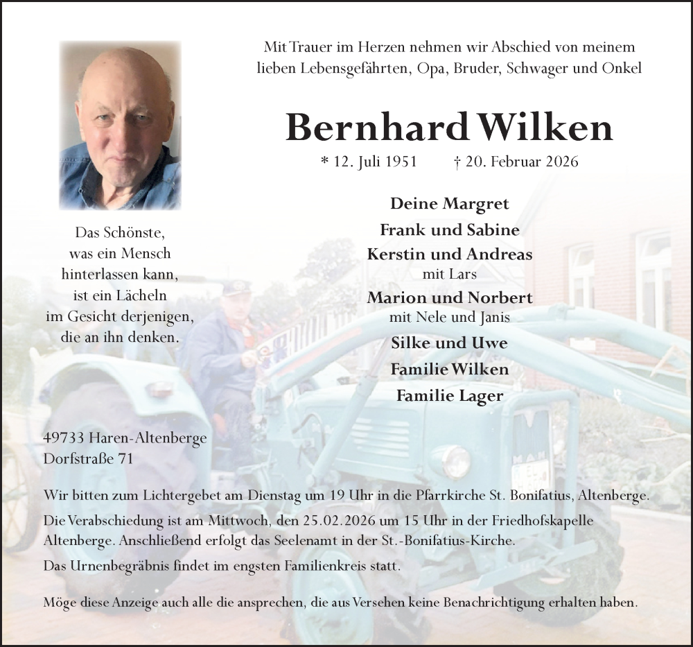  Traueranzeige für Bernhard Wilken vom 23.02.2026 aus Neue Osnabrücker Zeitung GmbH & Co. KG