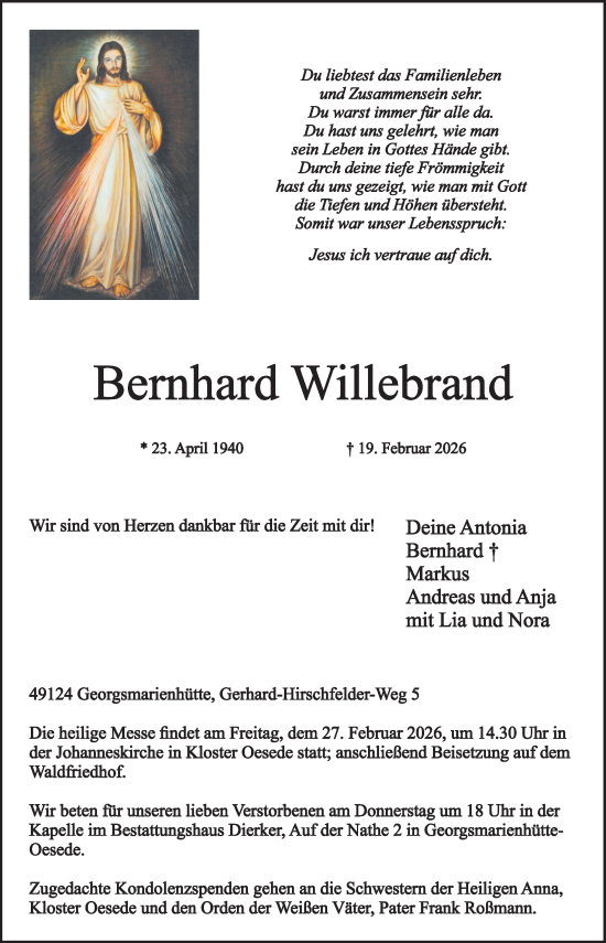 Traueranzeige von Bernhard Willebrand von Neue Osnabrücker Zeitung GmbH & Co. KG