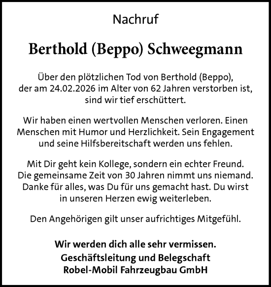 Traueranzeige von Berthold Schweegmann von Neue Osnabrücker Zeitung GmbH & Co. KG