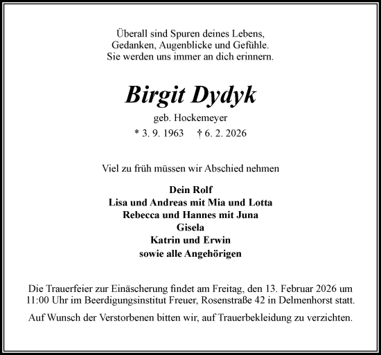 Traueranzeige von Birgit Dydyk von DK Medien GmbH & Co. KG