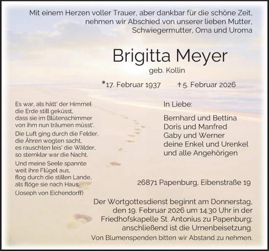 Traueranzeige von Brigitta Meyer von Neue Osnabrücker Zeitung GmbH & Co. KG
