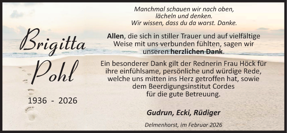 Traueranzeige für Brigitta Pohl vom 07.02.2026 aus DK Medien GmbH & Co. KG