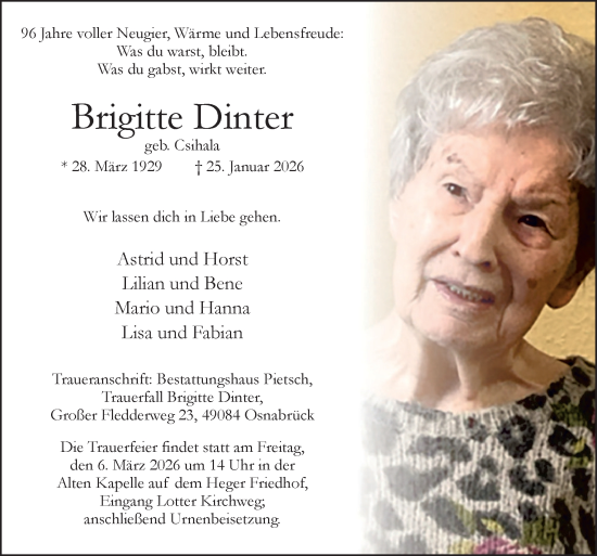 Traueranzeige von Brigitte Dinter von Neue Osnabrücker Zeitung GmbH & Co. KG