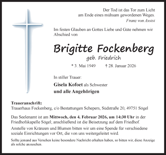 Traueranzeige von Brigitte Fockenberg von Neue Osnabrücker Zeitung GmbH & Co. KG