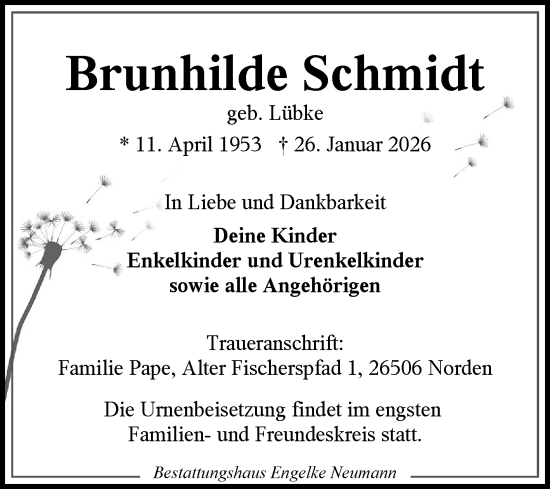 Traueranzeige von Brunhilde Schmidt von Ostfriesischer Kurier / Norderneyer Badezeitung