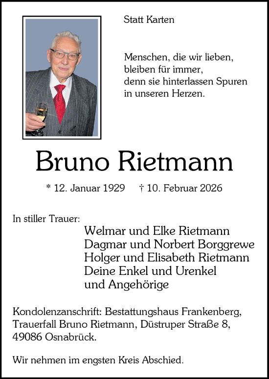 Traueranzeige von Bruno Rietmann von Neue Osnabrücker Zeitung GmbH & Co. KG