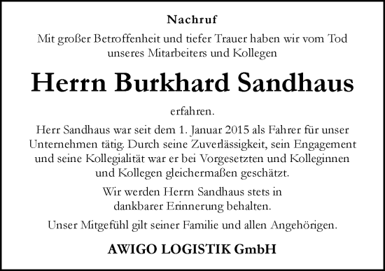 Traueranzeige von Burkhard Sandhaus von Neue Osnabrücker Zeitung GmbH & Co. KG