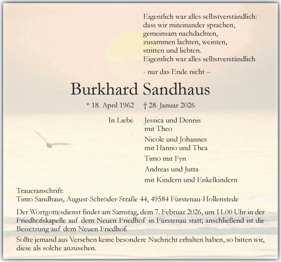 Traueranzeige von Burkhard Sandhaus von Neue Osnabrücker Zeitung GmbH & Co. KG
