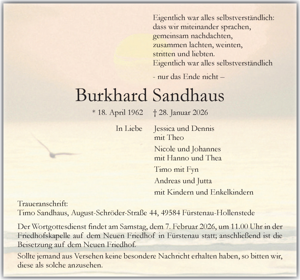  Traueranzeige für Burkhard Sandhaus vom 03.02.2026 aus Neue Osnabrücker Zeitung GmbH & Co. KG