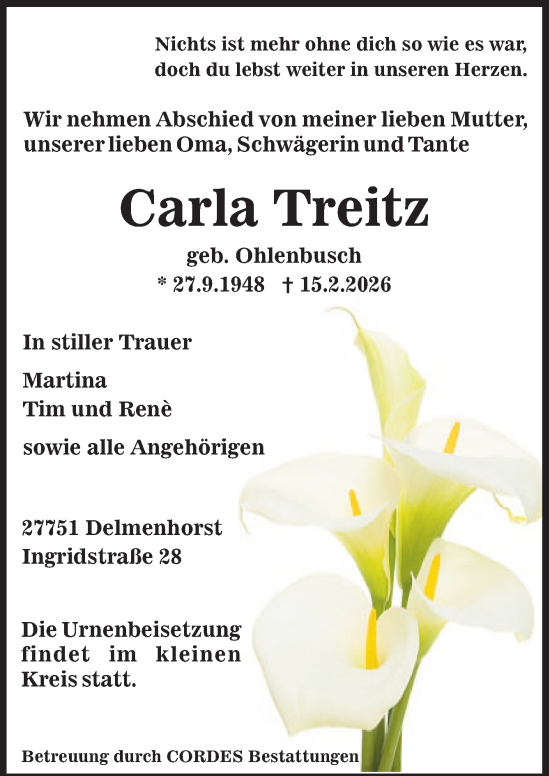 Traueranzeige von Carla Treitz von DK Medien GmbH & Co. KG