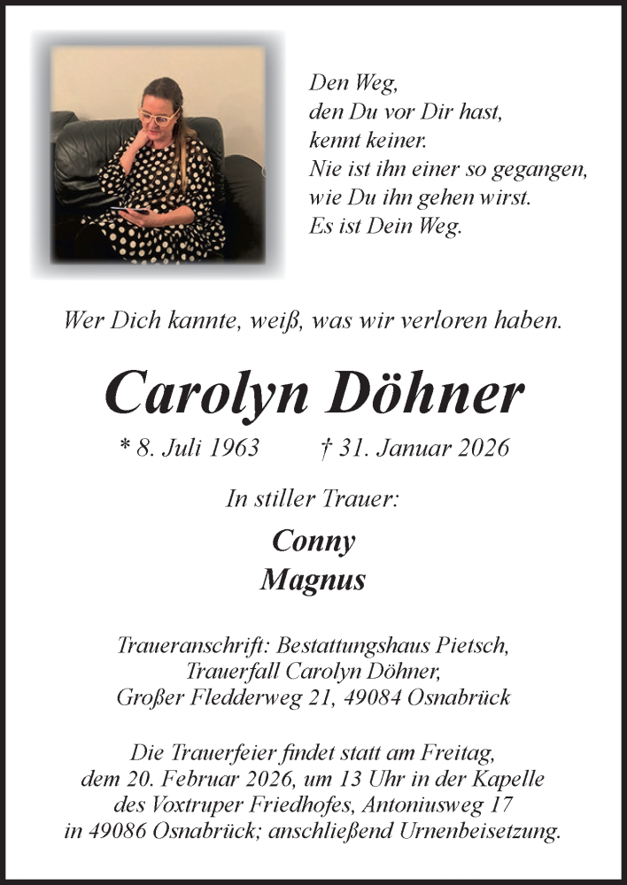  Traueranzeige für Carolyn Döhner vom 07.02.2026 aus Neue Osnabrücker Zeitung GmbH & Co. KG
