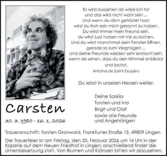 Traueranzeige von Carsten  von Neue Osnabrücker Zeitung GmbH & Co. KG