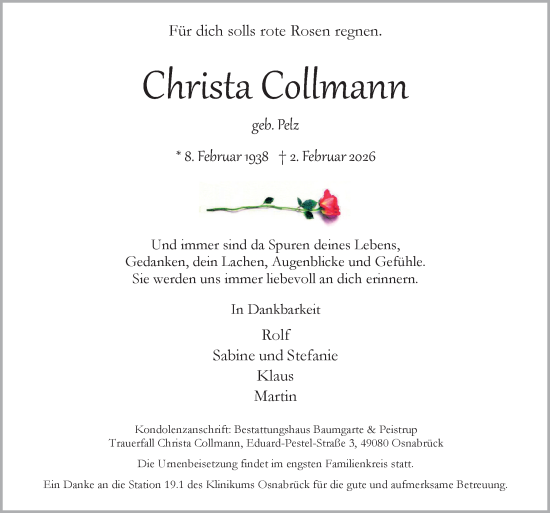Traueranzeige von Christa Collmann von Neue Osnabrücker Zeitung GmbH & Co. KG